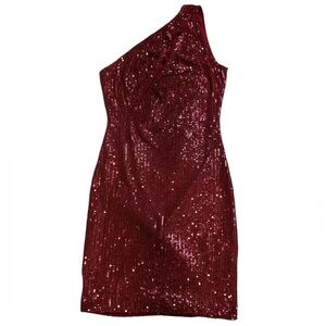 Gorgeous burgundy sequin one-shoulder mini dress